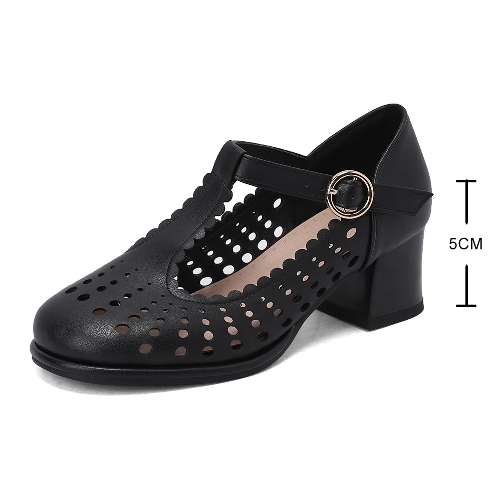 Casual T-Strap Mary Janes Shoes Women 2023 Round Toe Hollow Out High Heels Pumps Woman 5CM Thick Heel Breathable Mesh Shoes