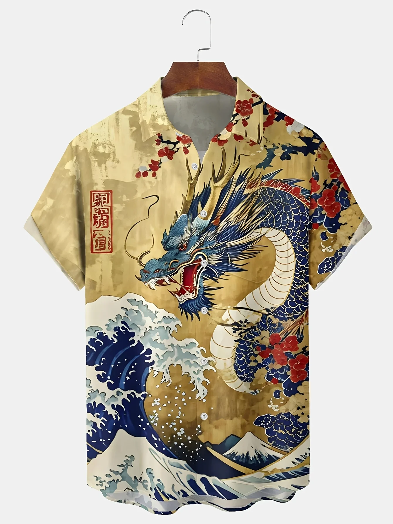 Men Short Sleeve Shirt Ukiyo‑e Dragon Wave Cherry Blossom Print Turn‑Down Collar Hawaiian Casual Tops