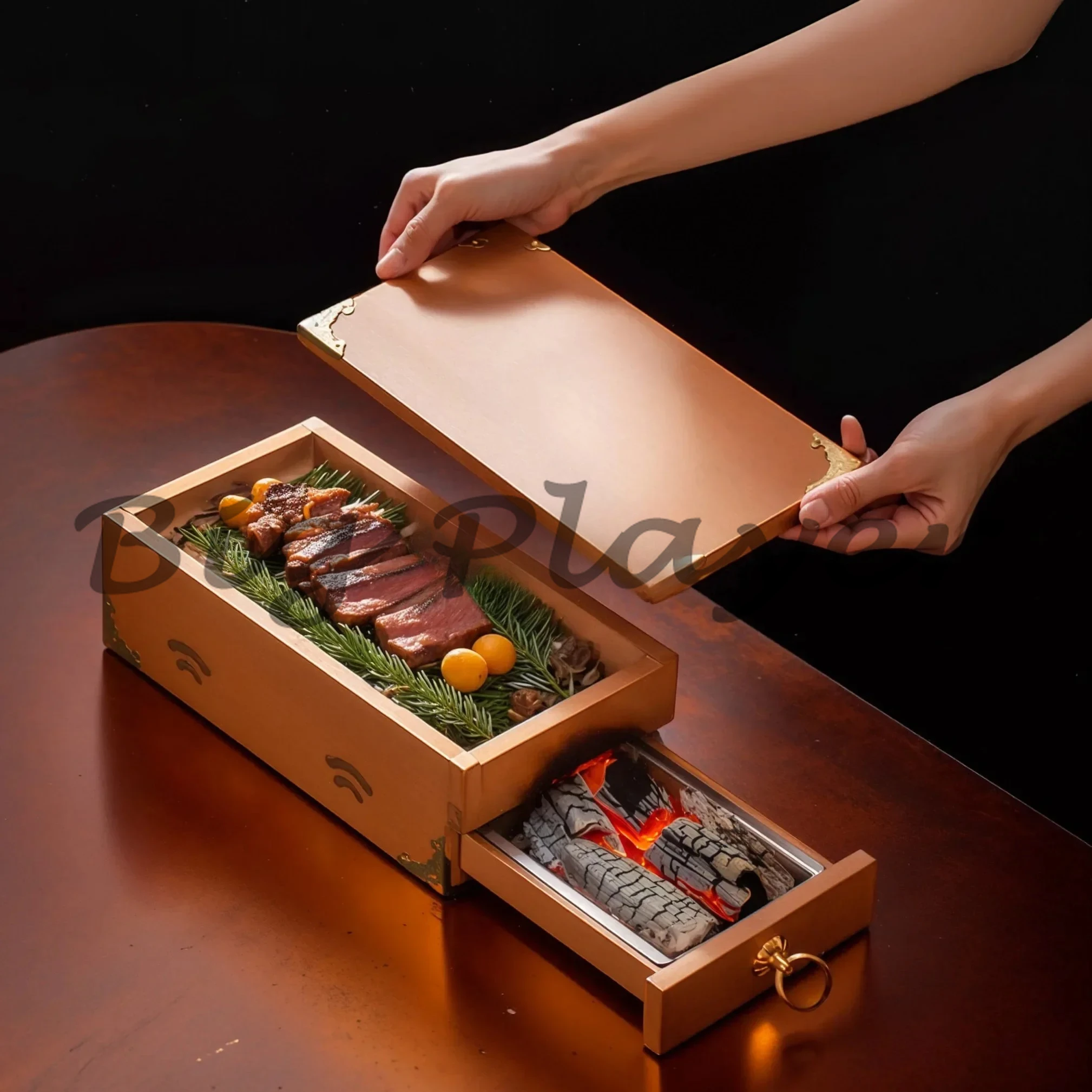 

carbon fire steak barbecue box Smoked meat Bacon box Western food dishes Creative Roast squa wooden tableware in restaurant