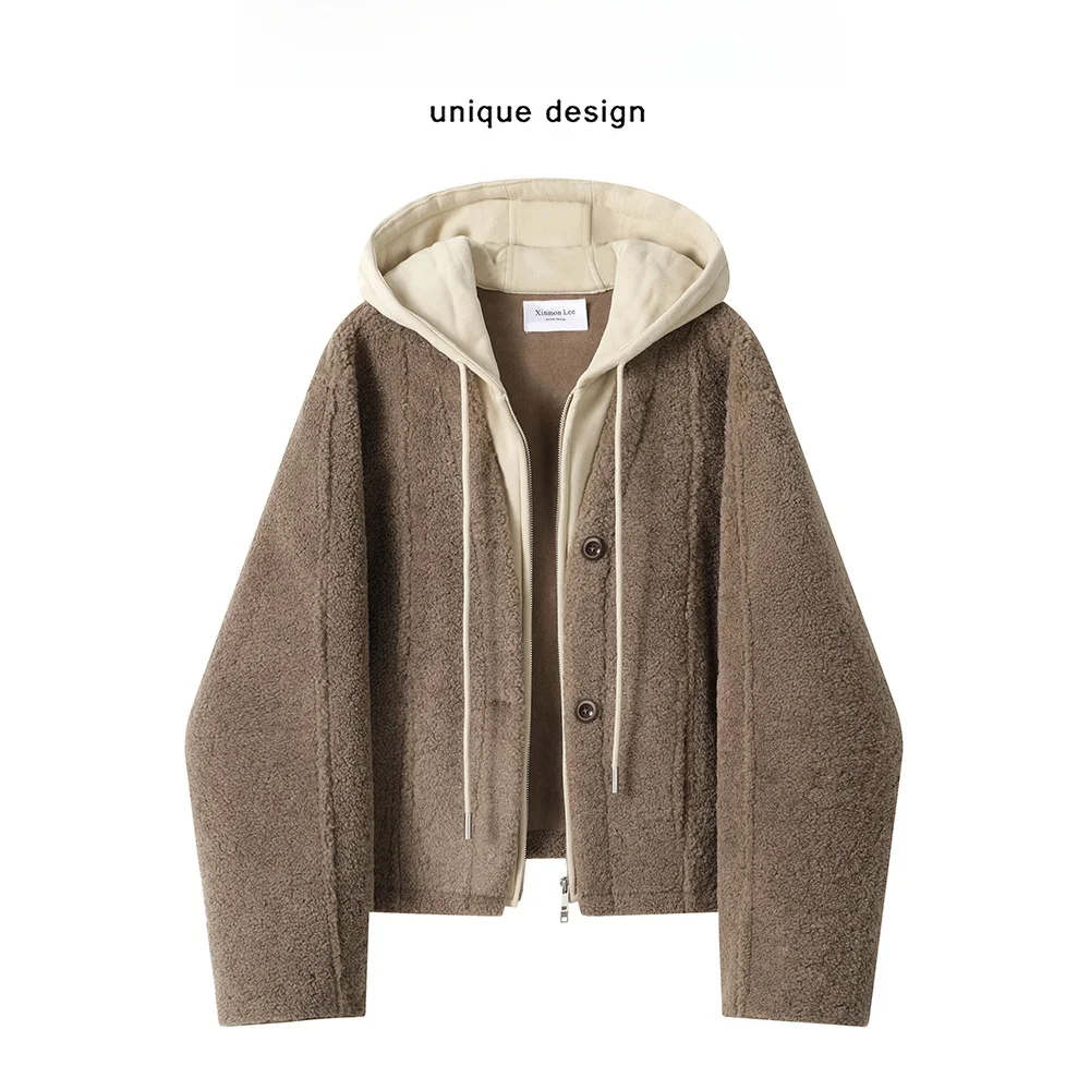 

Xinmon Vintage Long Sve Hooded Lamb Fur Jaet Women's Autumn Winter Thiened Small Size Fake Two-Piece Top Coat