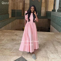 Qanz Elegant Satin Evening Dresses Cap Sleeves O Neck Pink Party Dresses Satin Long A Line Vestido De Casamento Customized