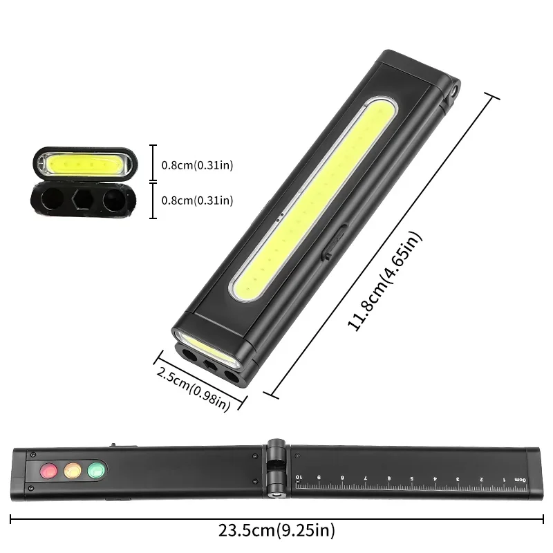 مصباح يدوي LED صغير USB-C قابل لإعادة الشحن مع مسطرة، إضاءة متعددة المصادر، مجموعة أدوات مفك براغي مخفي، ضوء عمل مغناطيسي