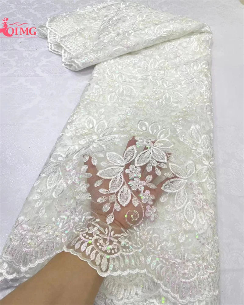 

OIMG 2024 African Nigerian High Quality Embroidery Lace Fabric French Tulle Wedding Party Dress Water Soluble Sequins 5Yards