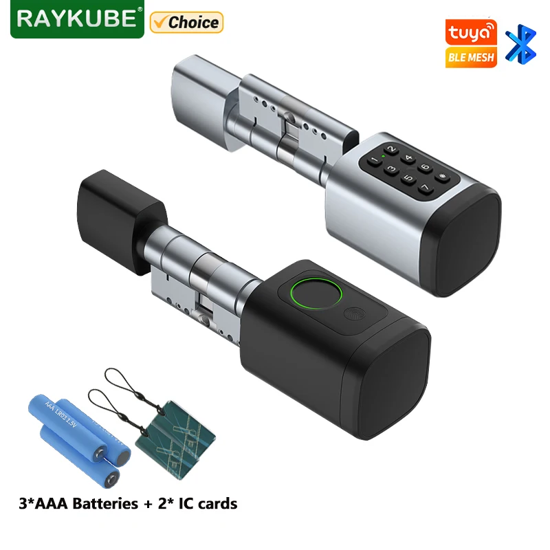 RAYKUBE V1 Smart Password Cylinder Lock With Tuya BLE Fingerprint 13.56mhz IC Card Include 3*AAA Batteries Easy Installation