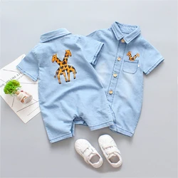 Romper impressão girafa bebê, estilo cartoon, material denim, roupas bonitos, 1 pc