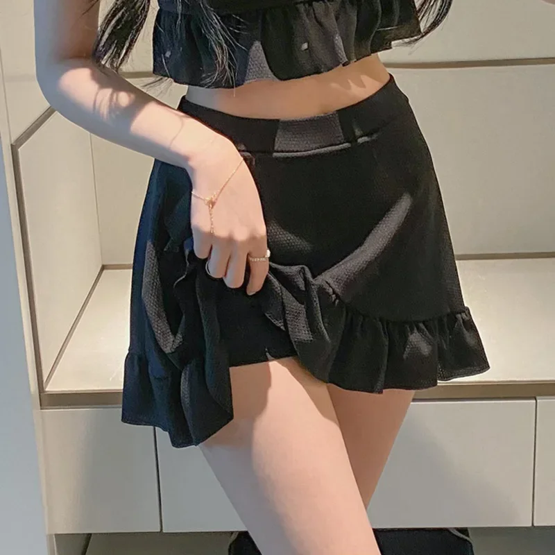 Ruffle Black Bikinis High Waist Two Pieces Swimsuit Women Swimwear Beach Wear Bathing Suits Korean Bikini Set Pool Bather 2024