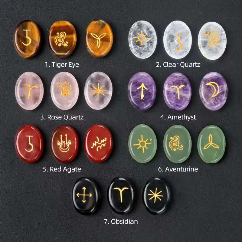 13Pcs/set Witch Rune Natural Stones Set Engraved Oval Crystal Agate for Divination Dowsing Meditation Balancing Spiritual Gifts