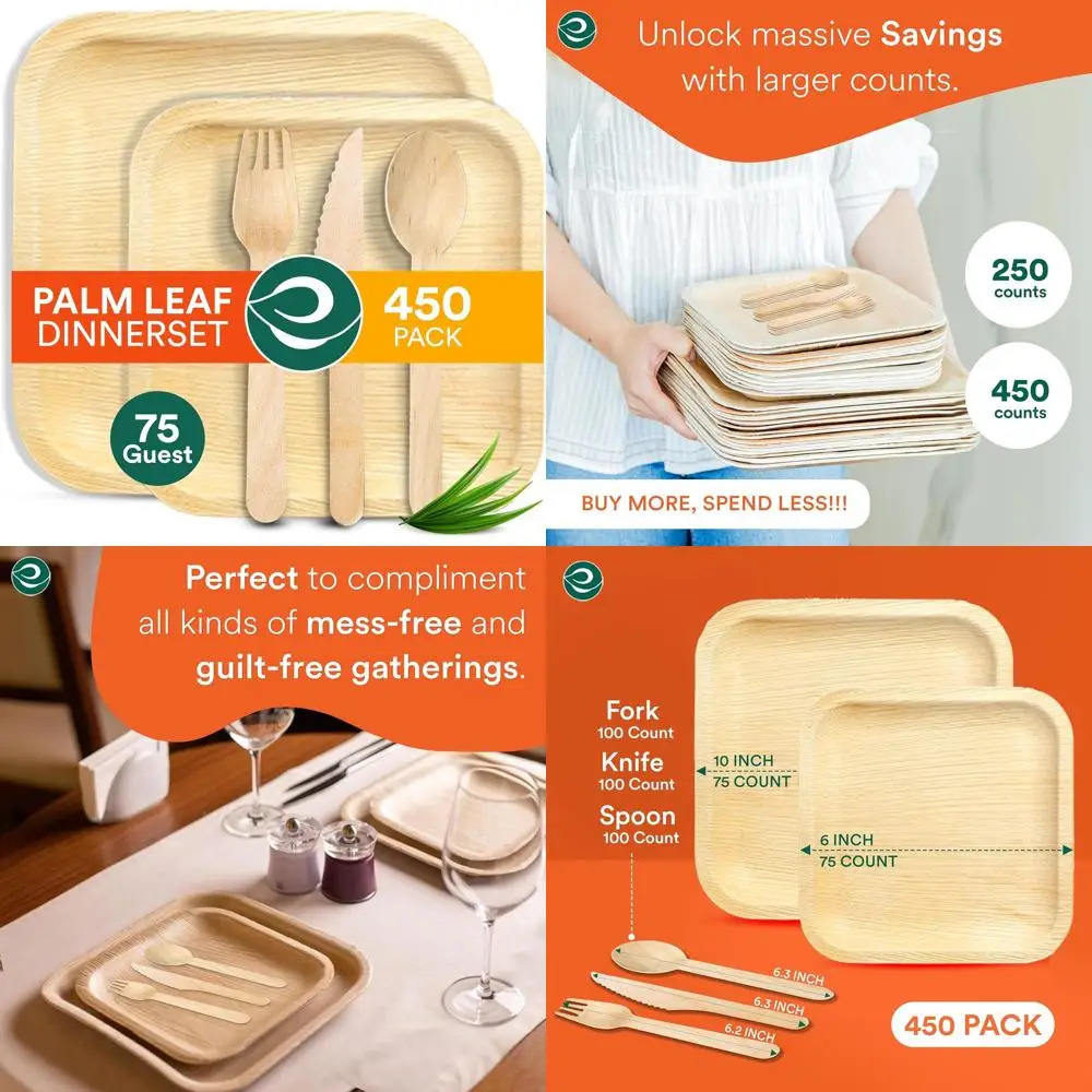

Eco-Friendly Palm Leaf Dinnerware Set for 75 - 10 & 6 Square Plates, 75 Each | 100 Biodegradable Cutlery Set for Sustainable Eve