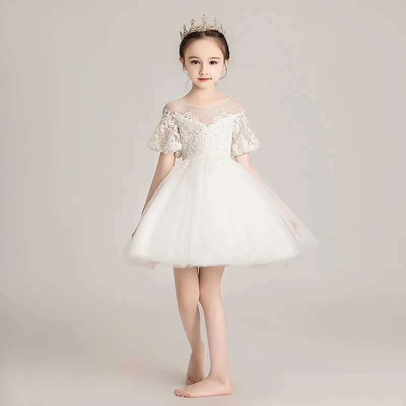 

Белое свадебное платье принцессы с цветочным узором для девочек, пышное тюлевое детское стильное вечернее платье для девочек, выступление на фортепиано D