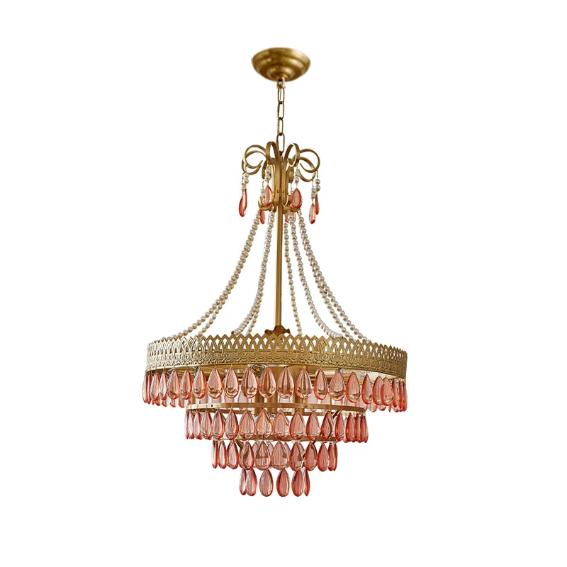 Dimmable LED Home Deco Pink Crystal 2024 Ceiling Chandelier Lighting Suspension Luminaire Lampen Hanging Lamps For Dinning Room