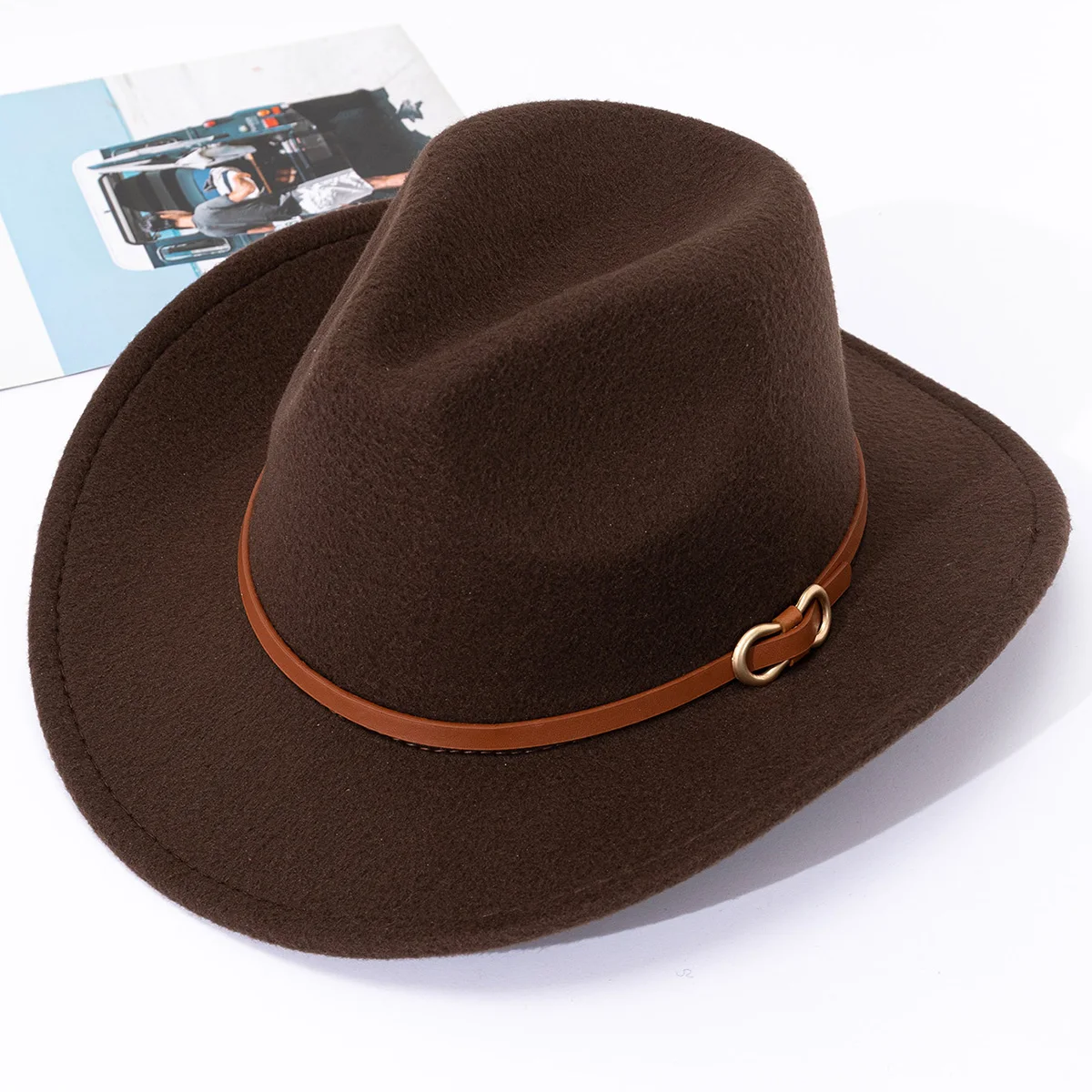 British style belt soft felt hat for men and women top hat, flat brim gentleman hat, woolen jazz hat, western cowboy hat