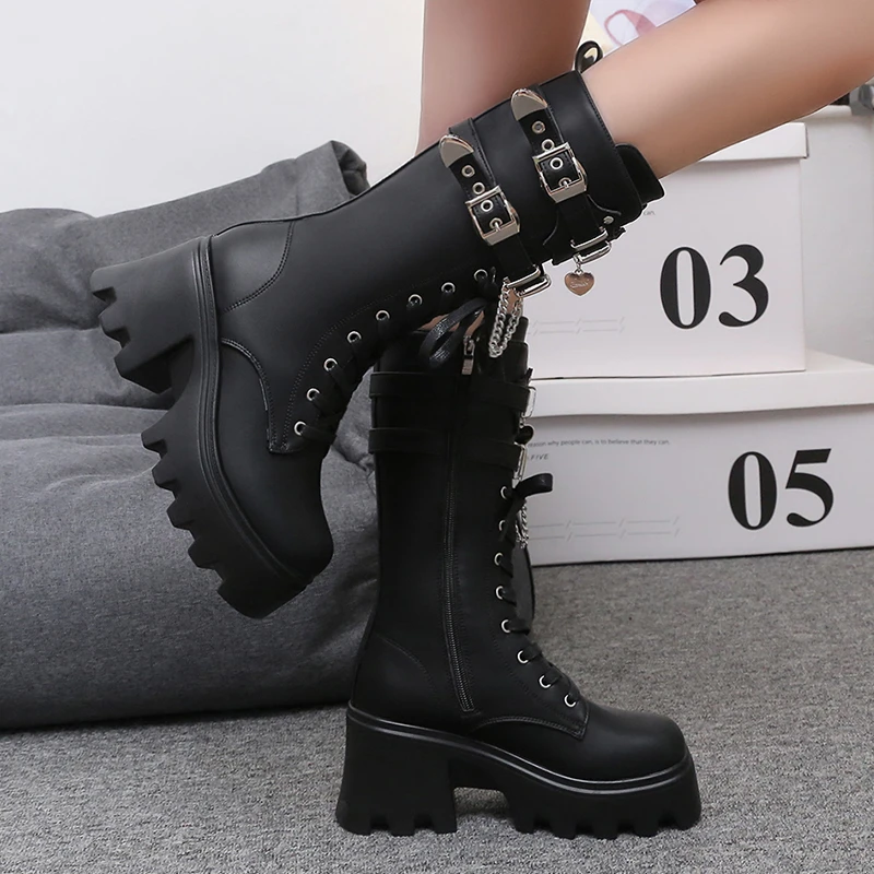 

9CM Women Punk Boots Autumn Platform Outdoor Leather Sneakers Chain Chunky Motorcycle Boots Nightclub Party High Heels 35-42