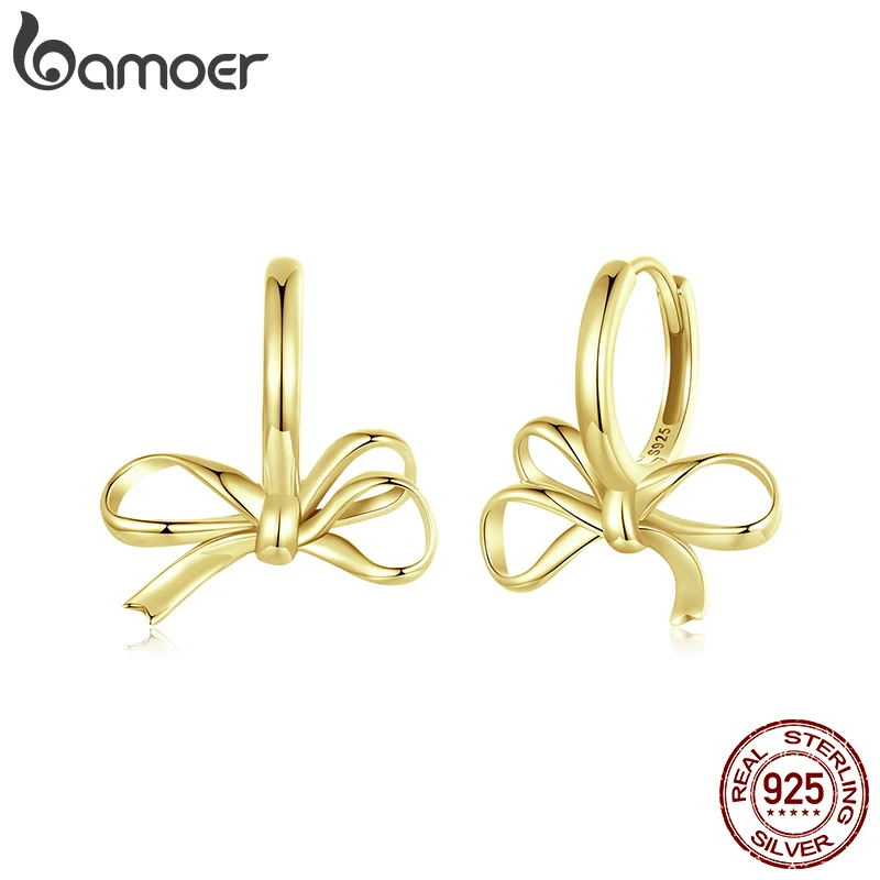 BAMOER Gold Bowknot Ear Buckles, 925 Sterling Silver Hypoallergenic Classic Trend Hoop Earrings for Women Fine Jewelry SCE1752