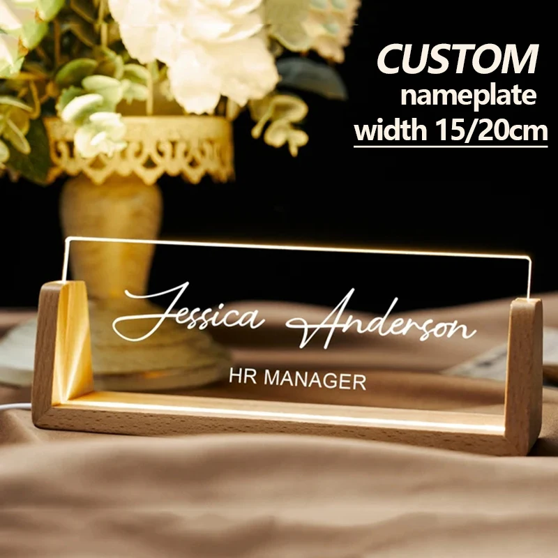 

Personalized Name Plate With LED Wood Base Custom 3D Lamp Nameplate Leader Teacher Desk Acrylic Name Sign Personalized Gifts