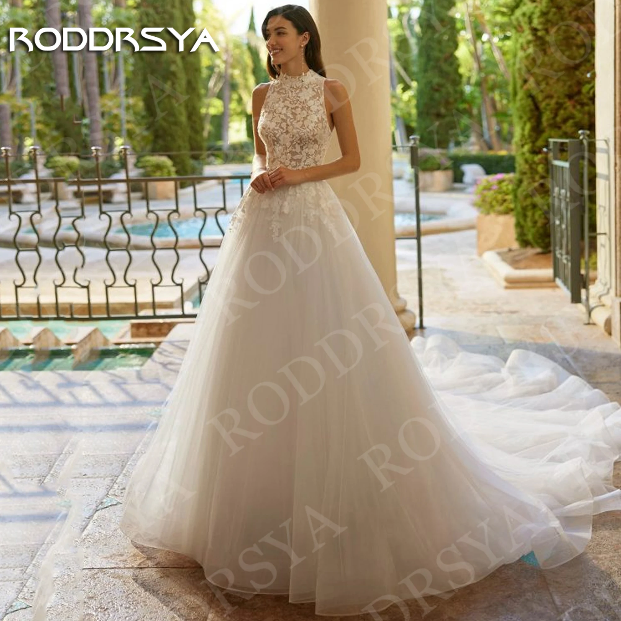 

RODDRSYA High Neck Backless Wedding Dress Vintage Lace Sleeveless Tulle A Line Bridal Gowns Customized vestidos de novia boda