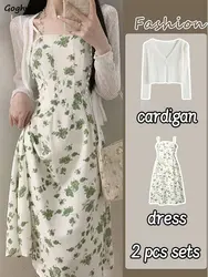 French Style Sets Women Gentle Cozy Chic Cardigan Print Vintage Midi Dress Elegant Streetwear Spring OL Aesthetic OOTD Outfits