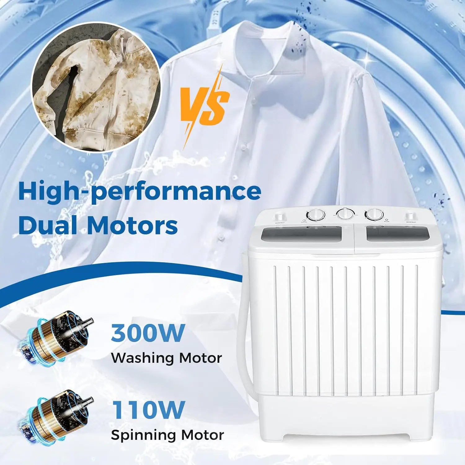 Portable Washing Machine, Twin Tub 20 Lbs Capacity, Washer(12 Lbs) and Spinner(8 Lbs), Durable Design, Timer Control, Co