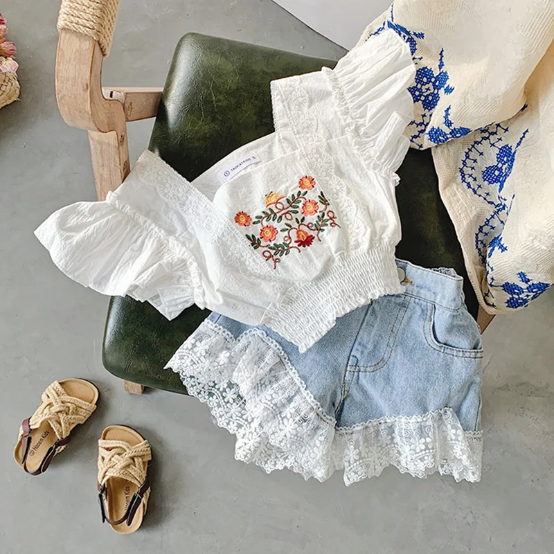 

Fashion Sweet Children's Set Summer Square Collar Lace Embroidery Ruffles Short Sleeve T-shirt+Denim Shorts Two-piece Suits 3-7Y