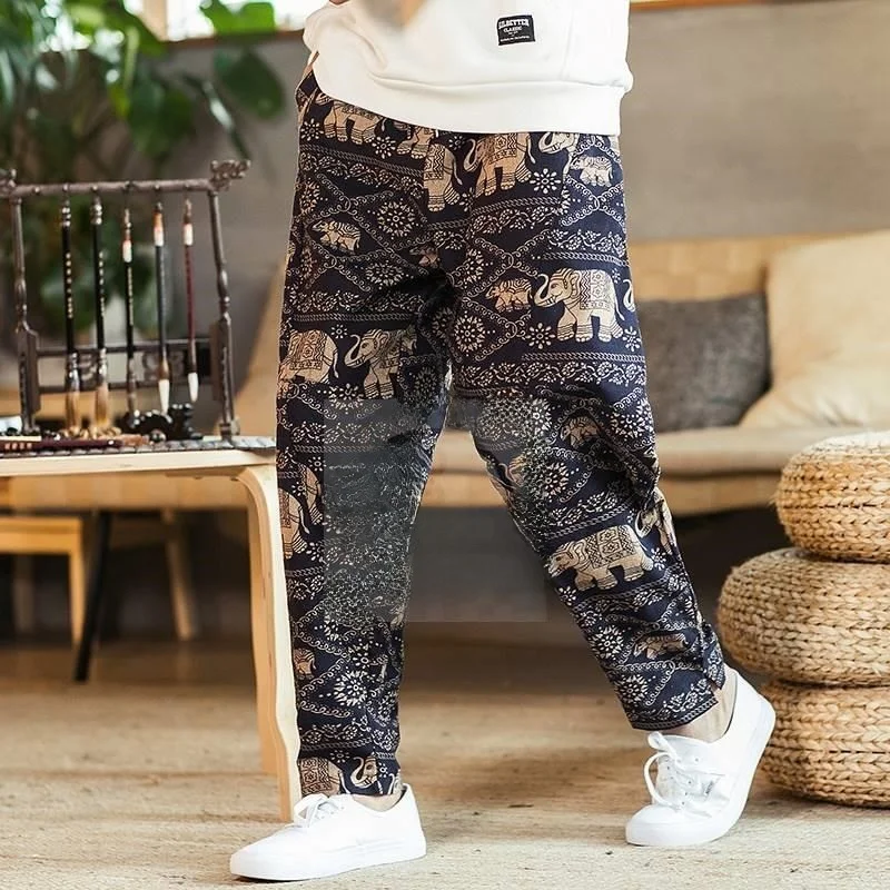 Losse grote maat bloemenprint Casual herenbroek Trendy Faion Rechte pijpen midden taille Hip Hop Sle Animal Patroon