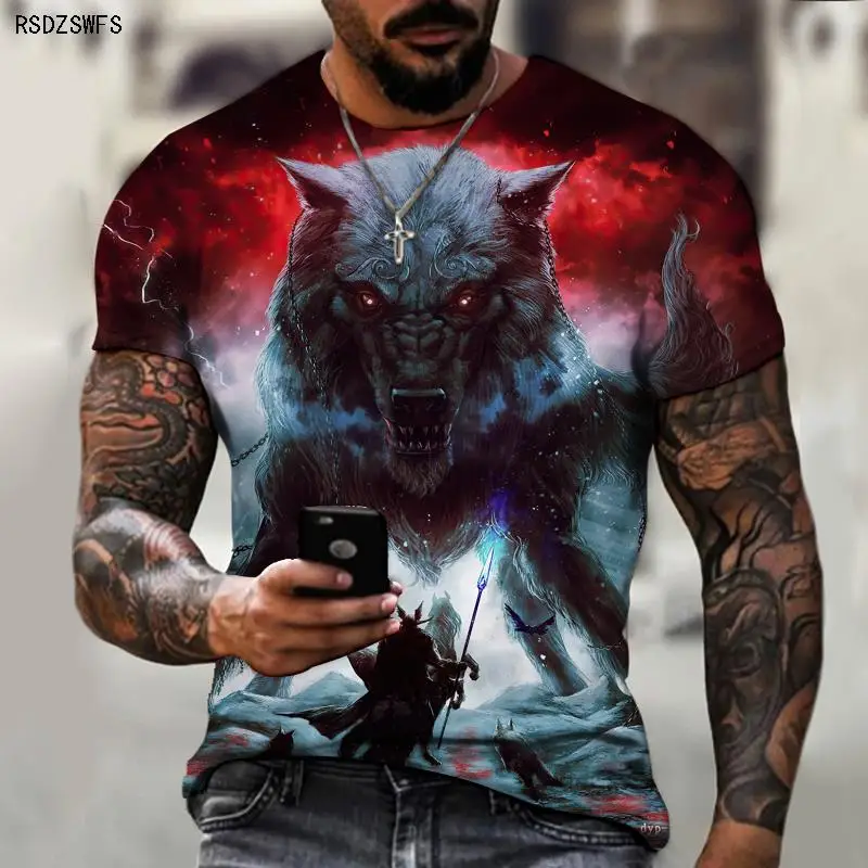 Brand Men\'s T-shirt 3D Printing Ice And Fire Wolf Horror Series Fierce Werewolf Street Cool And Handsome New