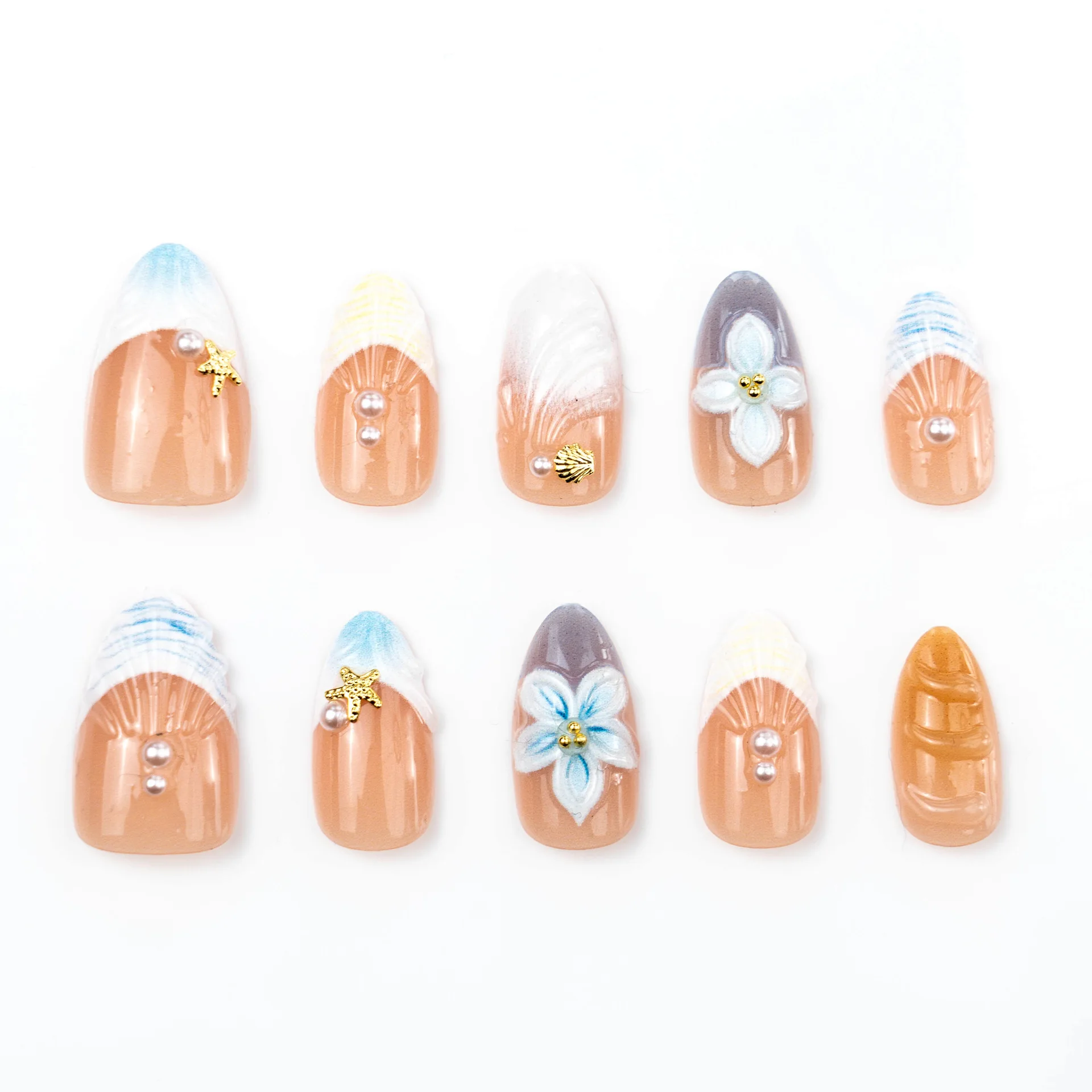 

24PCS Maillard Almond Shape Press on Nails with French 3D Floral Seashell Pearl Nails Wear Removable False Nails for Girl Women
