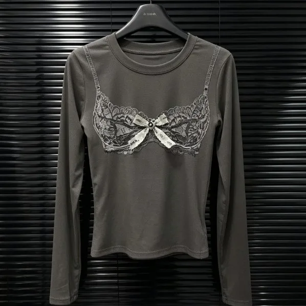 Printed Long Sleeve Top Slim Fit Casual with Round Neck 3D Effect Pattern Short Length Daily Regular Sleeve T Shirts for Women