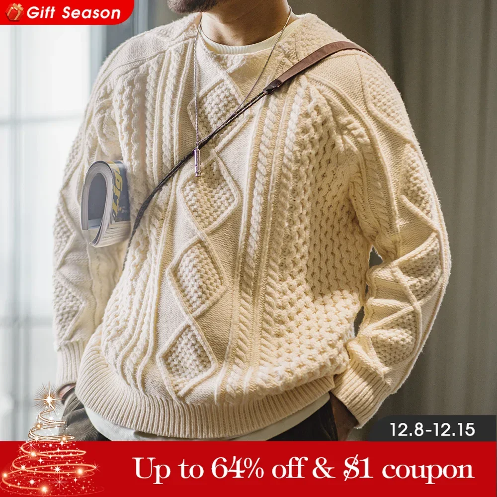 Maden Men\'s Retro Aran Sweater Autumn and Winter Thickened Knitwear Beige Round-neck Woven Sweater Versatile Leisure Pullover