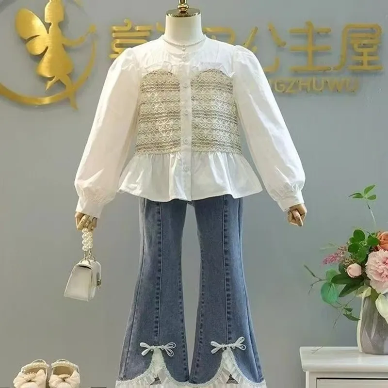 

2026 New Autumn Girls 2 Piece SetPrincess Style Patchwork Shirt Ruffle Jeans Fashion Outfit for 100-160cm