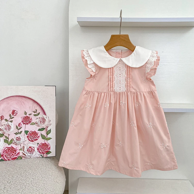 2026 New Summer Sister Clothing 2-6Yrs Kids Princess Flutter Sleeved Dresses Cotton Embroidery Baby Birthday Party Dress