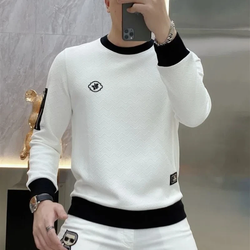 Street Fashion Trend Autumn Sweatshirts Men O-Neck Contrast Color Embroid Jacquard Weave Zipper Korean Casual Loog Sleeve Tops