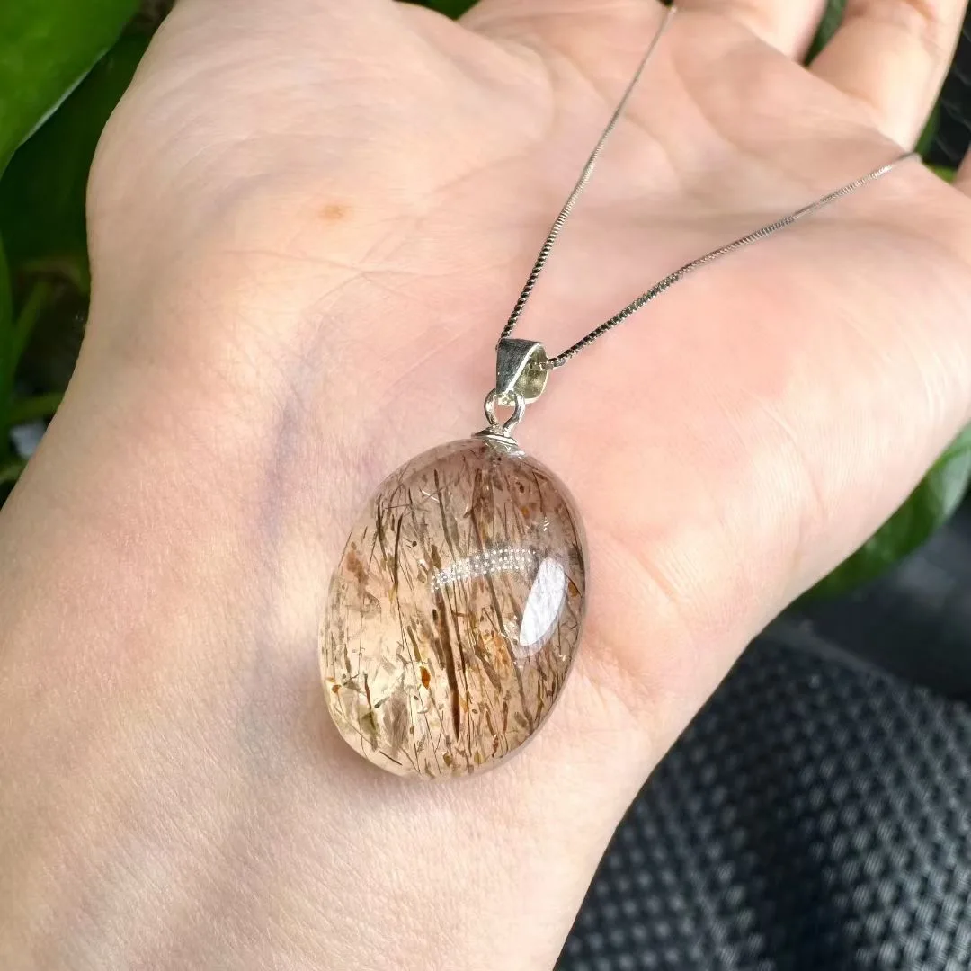 

1 Pc Fengbaowu Natural Black Gold Rutilated Quartz Oval Cabochon Pendant 925 Sterling Silver Fashion Jewelry Gift For Women Men