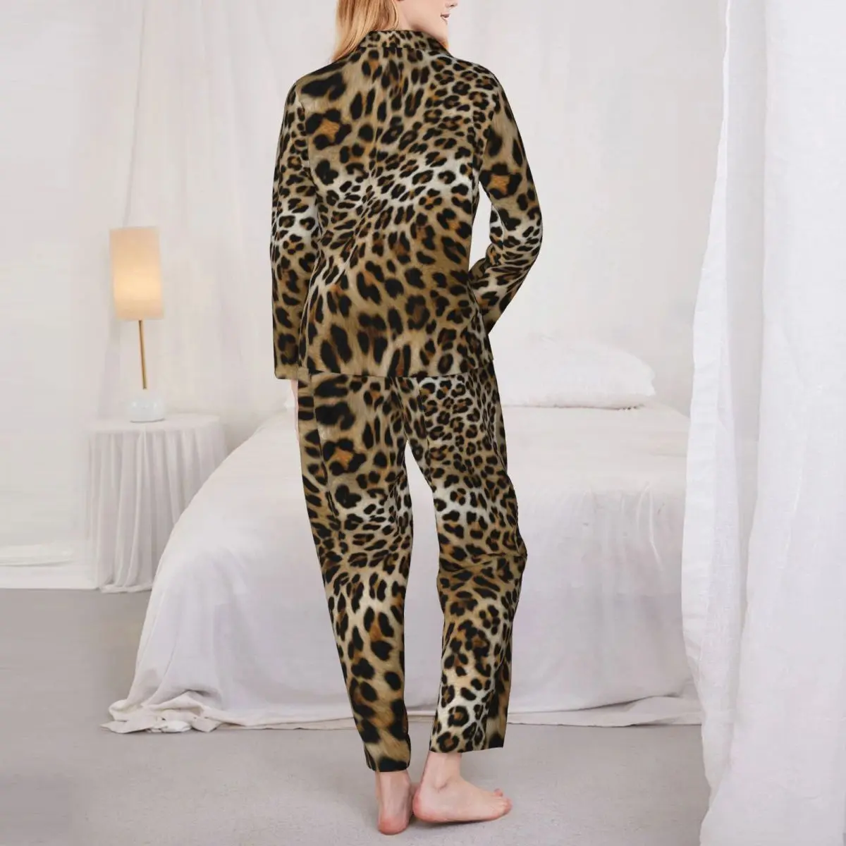 Animal Skin Print Pajama Set Leopard Pattern Kawaii Sleepwear Women Long-Sleeve Casual Room 2 Piece Home Suit Large Size 2XL