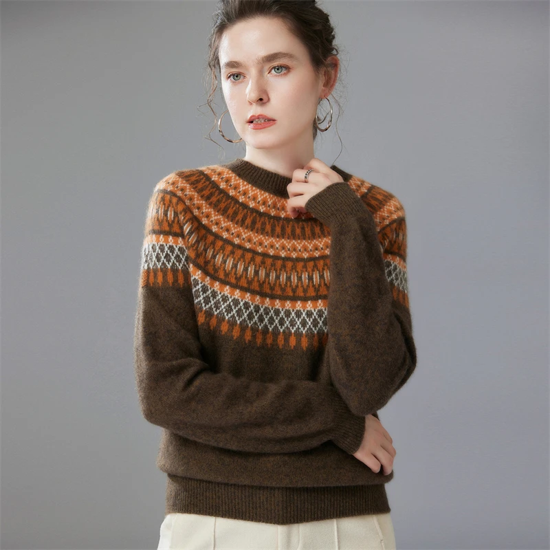 100% Geit Kasjmier Vrouwen Vintage Stijl Ronde Kraag Trui Faire Isle Jacquard Trui Herfst Winter Pure Kasjmier Trui