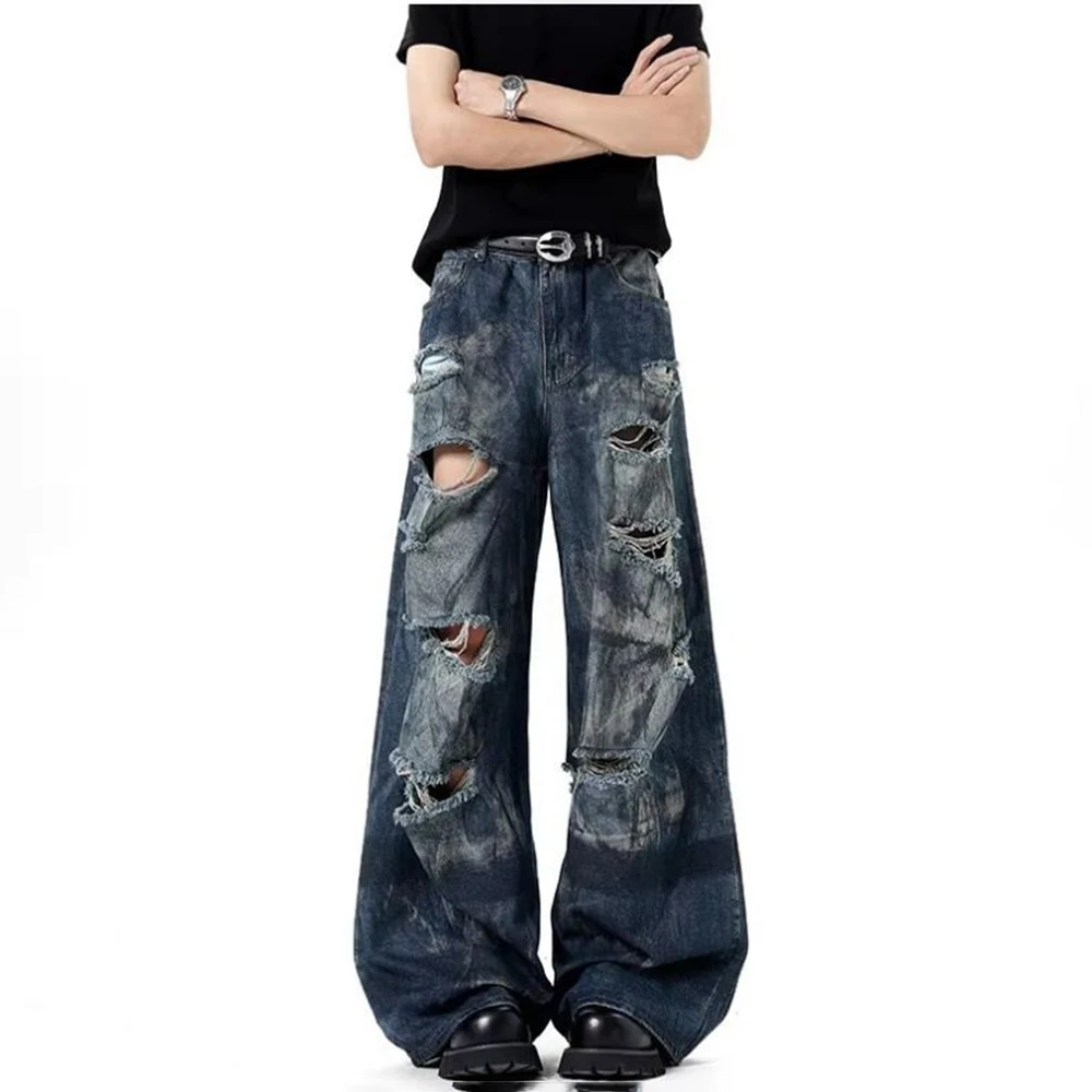 メンズリッピングストレートジーンズアメリカンレトロファッショントレンドハイストリートヒップホップルーズ通気性ニッチ夏の新しいメンズボトムス
