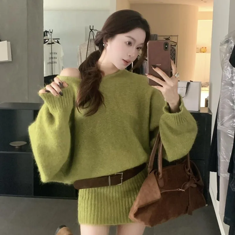 Women Knit Pullover Sweater Bat Sleeve Sexy Long Knitwears Hip Skirt Sweater with Sashes Vintage Autumn Winter Knitted Jumpers