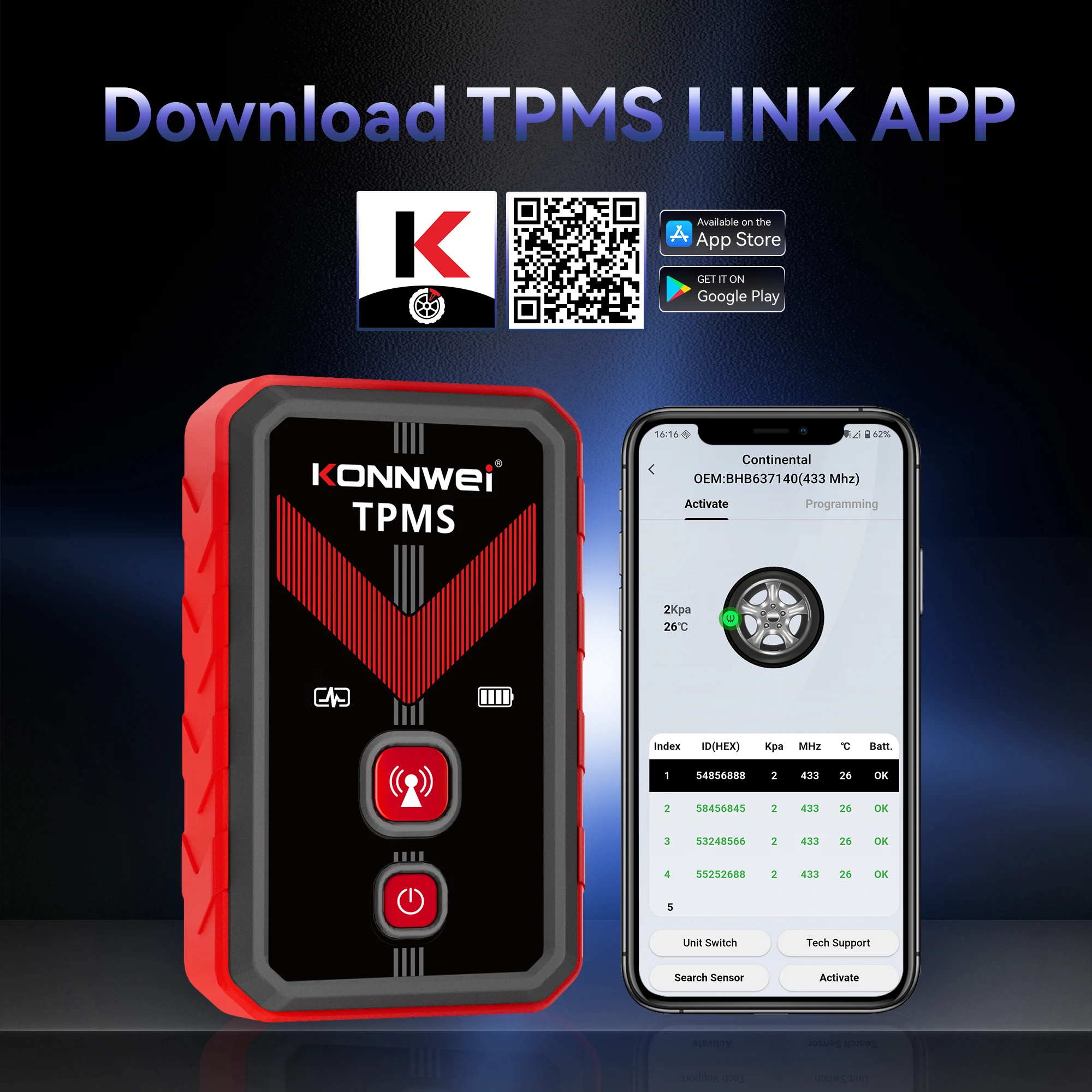 KONNWEI TK100 TPMS Programming Tool for All Cars Trie Pressure Sensor Activator 315/433MHz TPMS Reset Tool Lifetime Free Upgrade