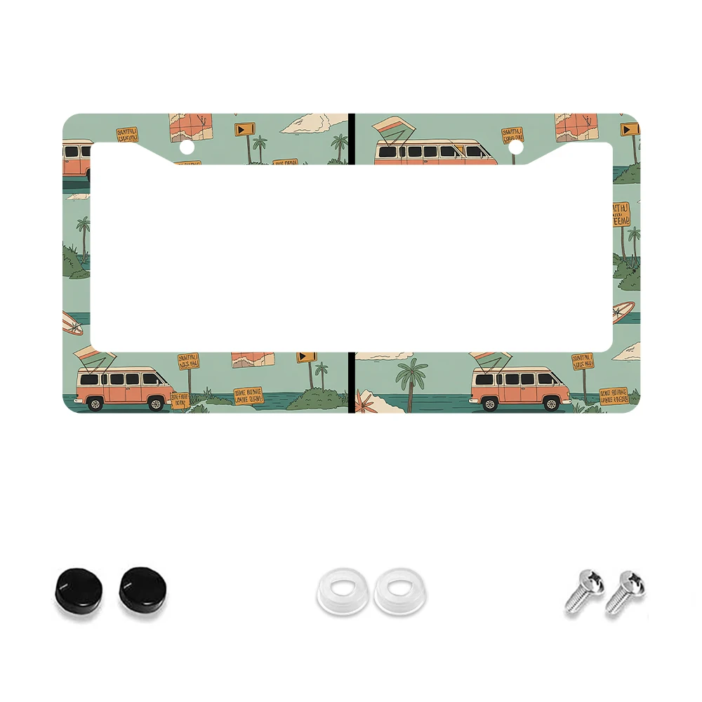

1 шт. Зеленая рамка номерного знака в стиле ретро с 2 отверстиями и рисунком фургона и пальмы, алюминиевый материал, 6x12 дюймов, включает комплект винтов,