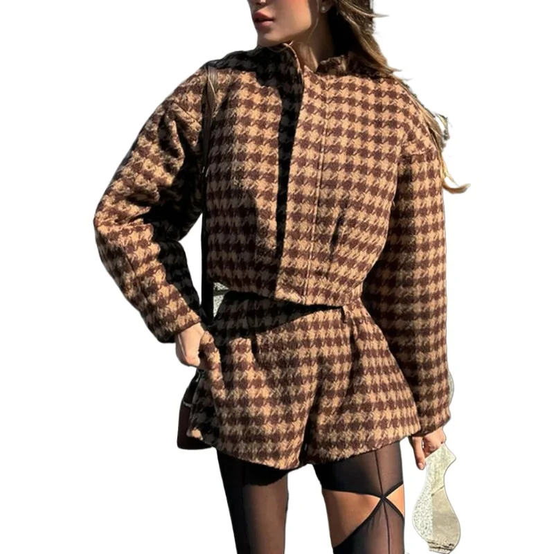 

Женский костюм High Street, новый комплект из куртки и шорт на молнии с воротником-стойкой, торговля в Европе и Америке весной и осенью