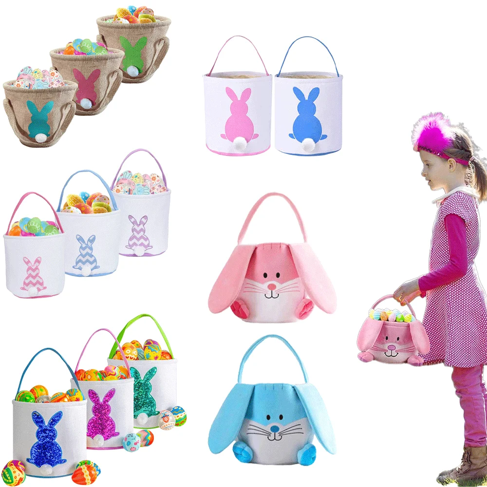 Happy Easter Bunny Basket Cute Egg Tote Bag Gift Candy Eggs Hunting Bucket Boys Girls Easter Egg Hunt Party Decoration Kids Gift