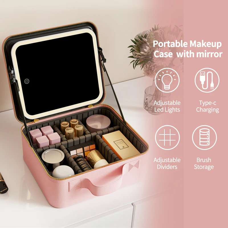 Pu Travel Eva Partitions Storage Cosmetic Case Light Up Box Vanity Organizer Portable Makeup Bag Mirror With Led Light