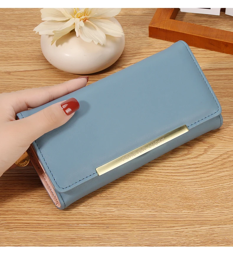 Damen Lange PU-Geldbörse 2-fach Faltbar Einfarbige Clutch mit Mehreren Kartenfächern Große Kapazität Reißverschluss-Geldbörse Koreanischer Stil Damen-Handgeldbörse – Detail 15