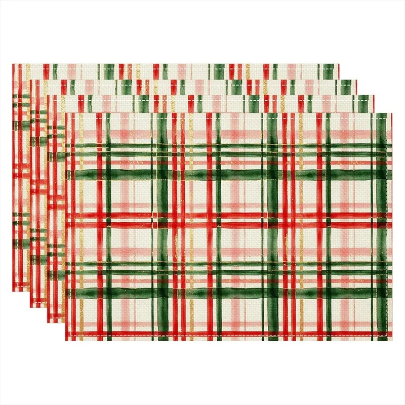 VIKAMA Linen Placemats Watercolor Christmas Plaid, Red Green Pink, Stain Resistant Easy to Clean, Dining Table Kitchen