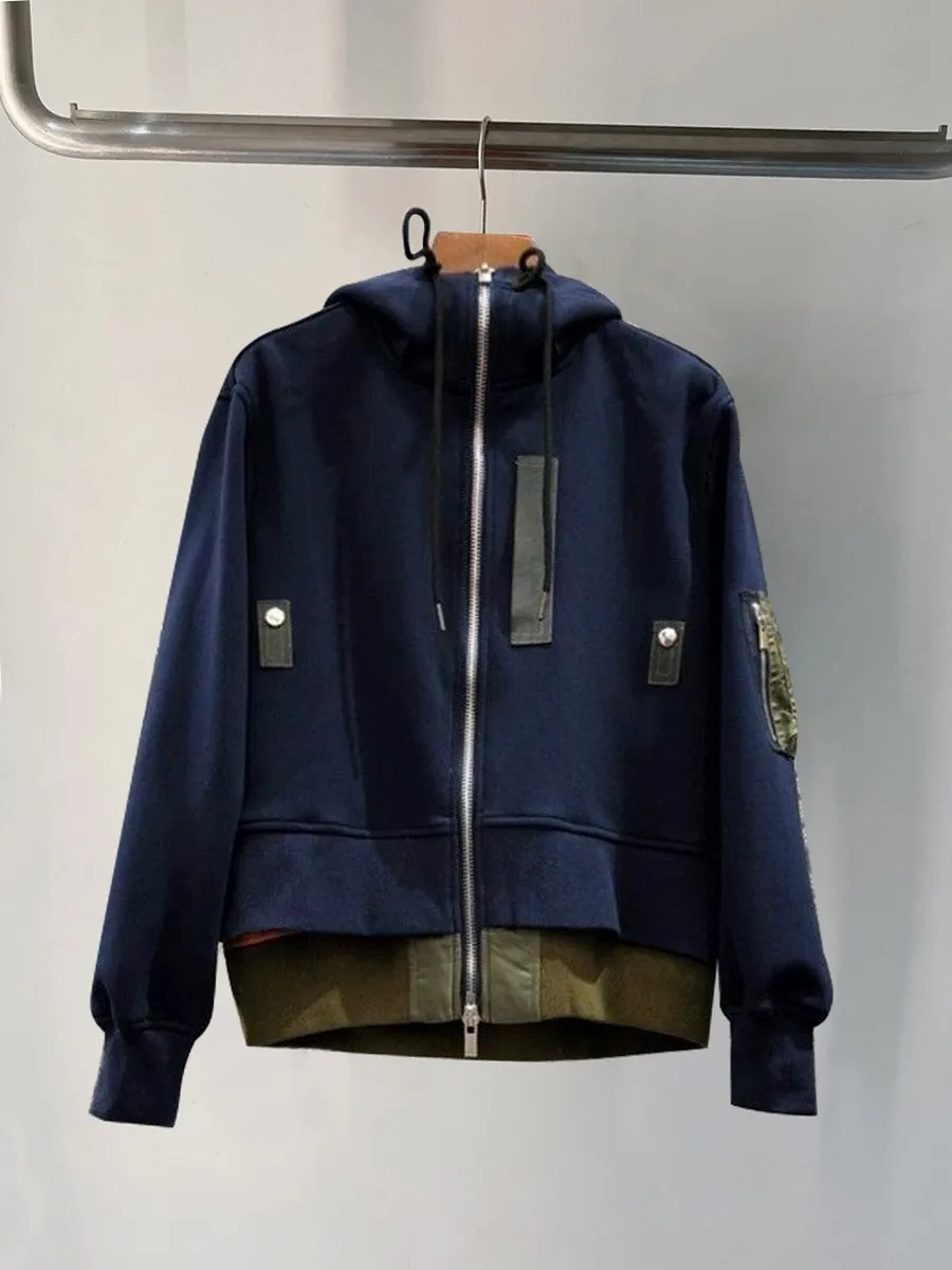 FOG SACAI Zipper Hooded Jacket Streetwear Style Workwear Short Coat Spring 2024 Women's Casual Patchwork Outerwear