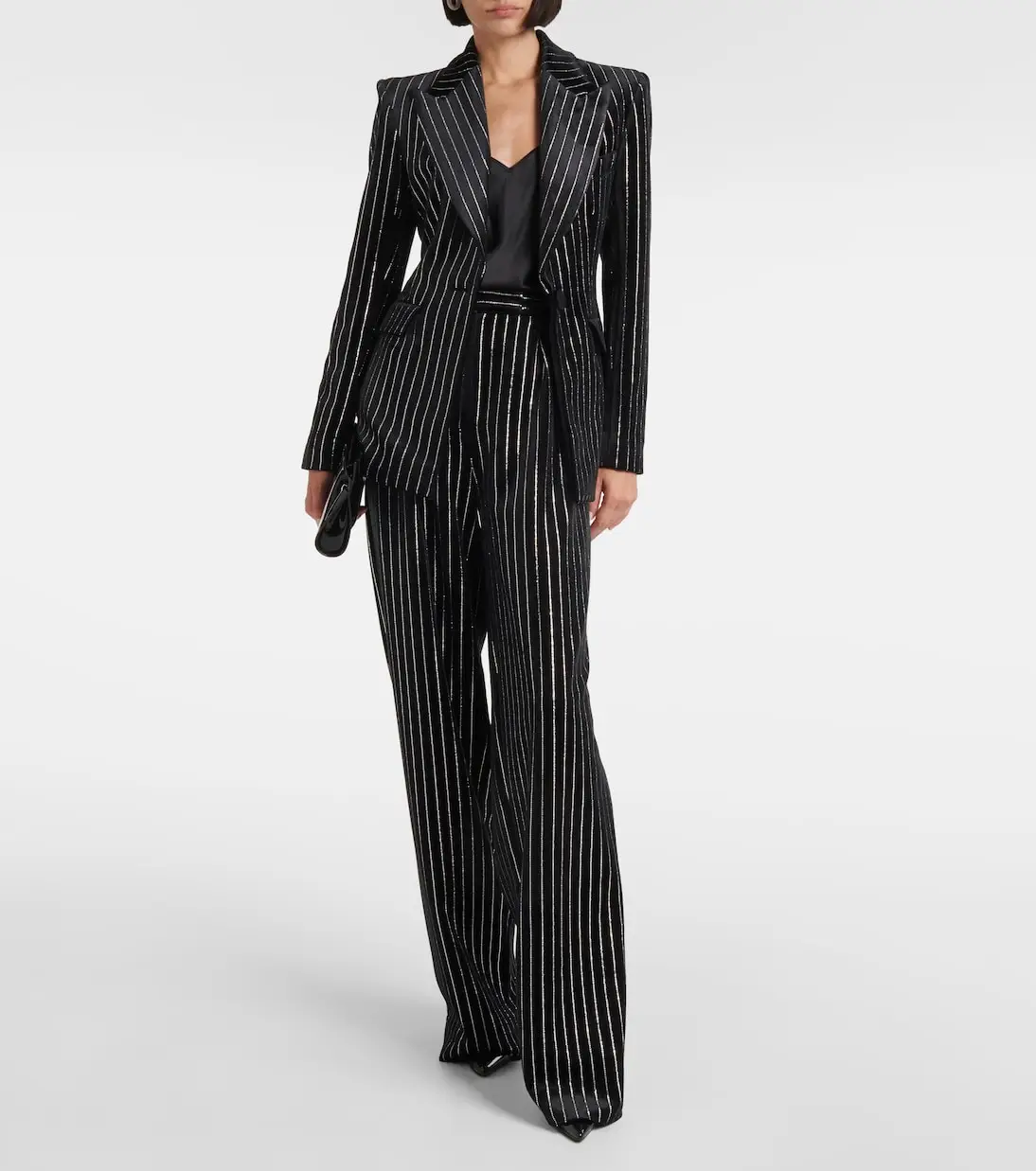 Sparkle Striped Office Lady Women Pants Suits 2 Pieces Slim Fit Customized Classic Business Suits Peak Lapel Pocket Jacket