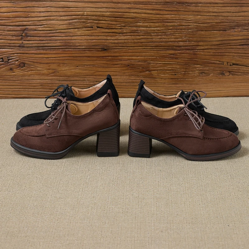 

Женские туфли AIYUQI на высоком каблуке, на толстом каблуке, нескользящие, на шнуровке, кожаные, больших размеров, весенне-осенние, с низким вырезом