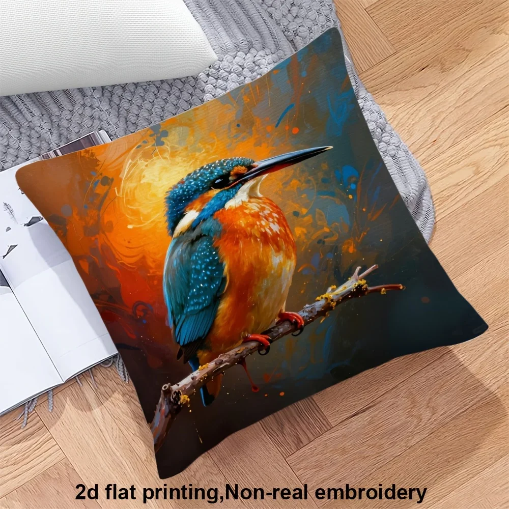 1Pc Square Cushion Cover Orange Blue Kingfisher Bird Branch Print Pillowcase For Sofa Living Room Bedroom Home Decor Gift 2D Fla