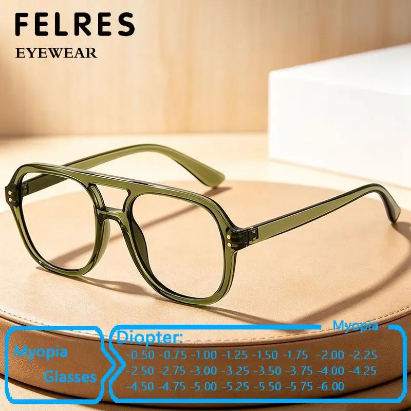 Men Women Square Double Bridge Anti Blue Light Myopia Glasses Outdoor Driving Prescription Shade Eyewear Negative Diopter