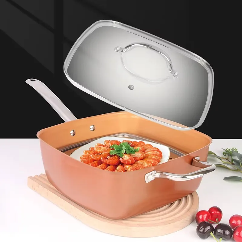 Wholesale non-stick kitchen square frying pan with frying basket and steaming cubes