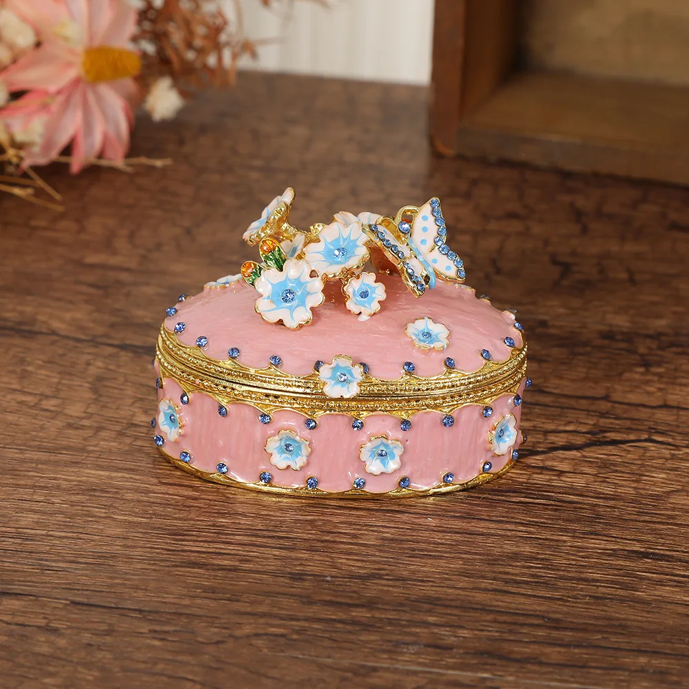 Cute Mini Cherry blossoms Trinket Jewelry Box Metal Enamel Hinged Floral Butterfly Jewelry Box Ring Earring Organizer