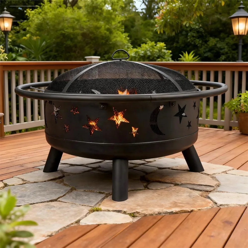 

Grovelli 38 Round Wood Burning Fire Pit with Mesh Cover, Fire Poker, Star & Moon Cutouts, Metal Outdoor Firepit for Patio, Backy